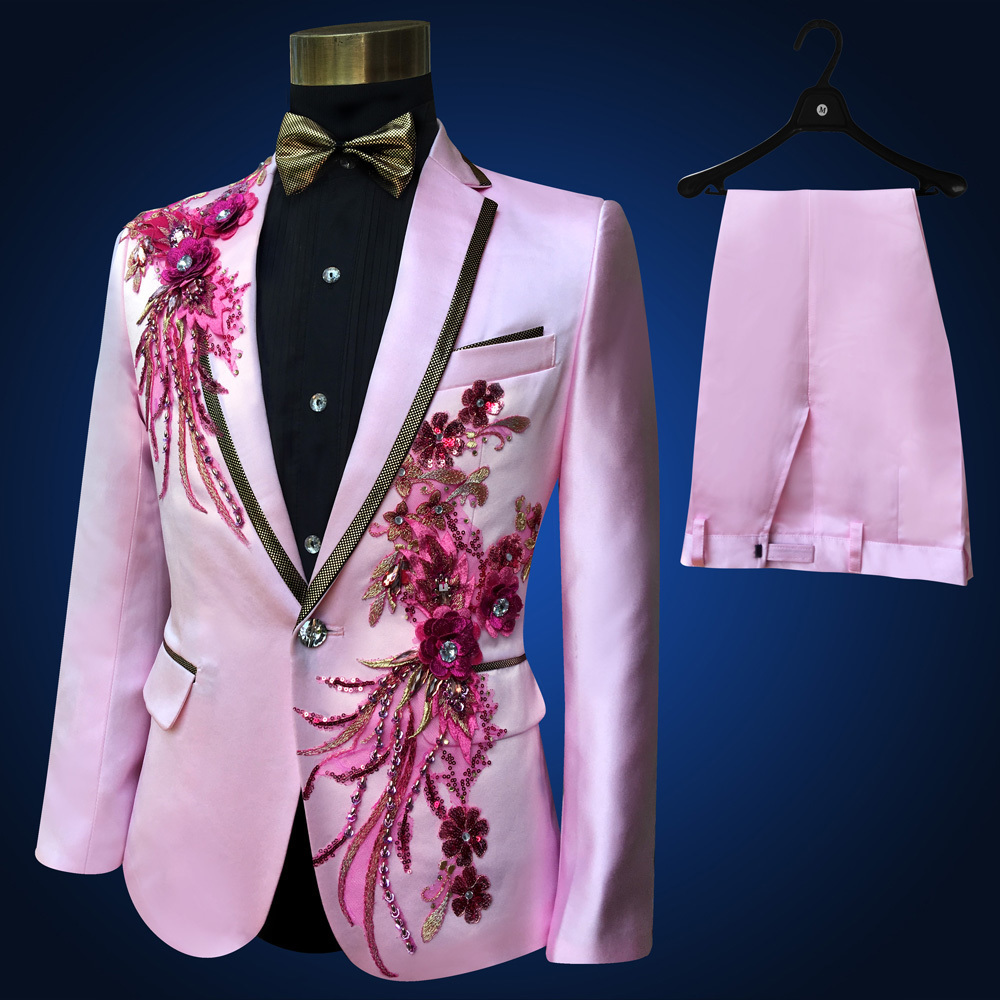 Pink Tuxedo Jacket +pant Beads Suit Mens Stage Wearmens Tuxedos Wedding Plus Size 4XL Pink Royal Blue White Black Red Groom Suit T200303