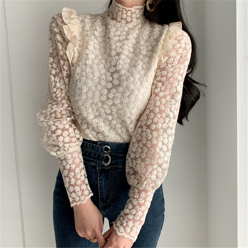 Apricot Lace Delicate Turtleneck Floral Chic Basic Blouses All Match Elegant Casual Office Lady Loose Shirts 201027