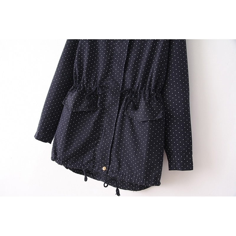 European style Spring Autumn women polka dots drawstring hooded trench, female fashion plus size loose casual windbreaker coat 201031