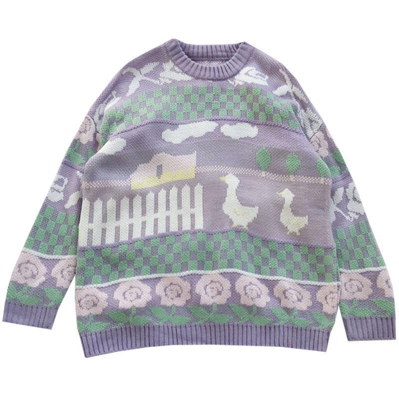 Neploe Women Sweaters and Pullovers Cartoon Duck Rose Knitted Tops Autumn Winter Korean Long Sleeve O-neck Pull Tops 4D070 201222