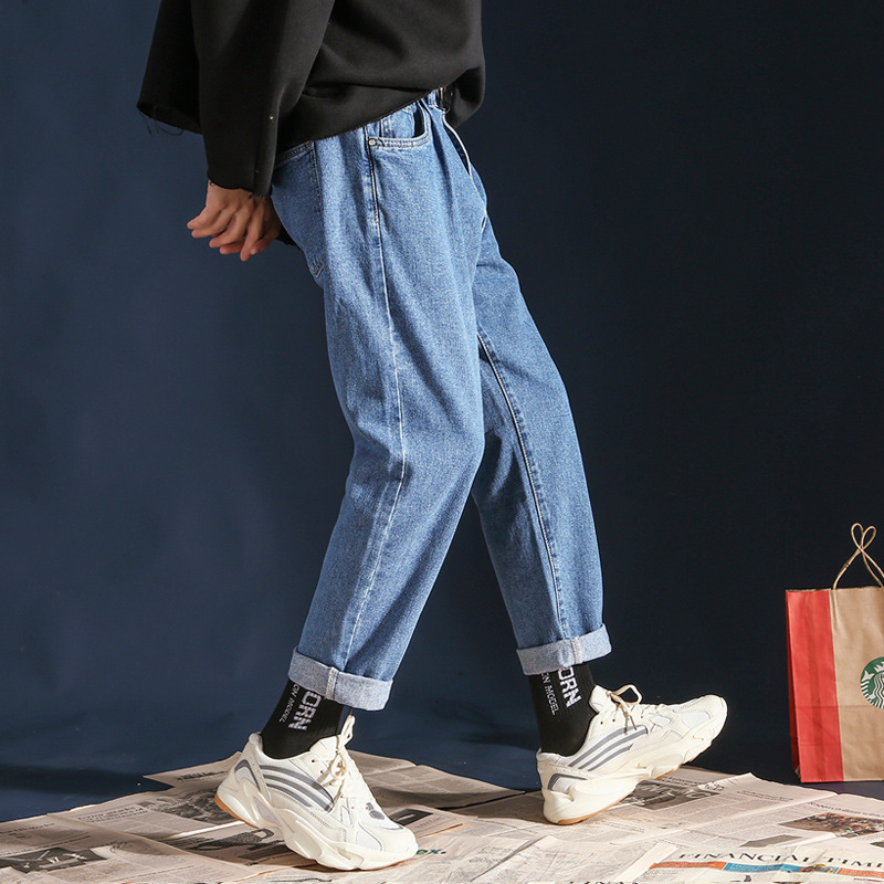 Spring Summer Fashion harem black denim pants men's Korean straight jeans men's loose wide leg casual cropped pants homme 201111