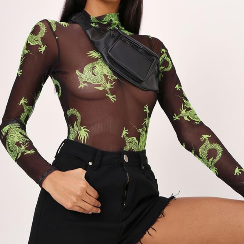 Dragon Print Black Sheer Mesh Bodysuit Long Sleeve T Shirt Tops Sexy Body Suits for Women Streetwear Fall 201007