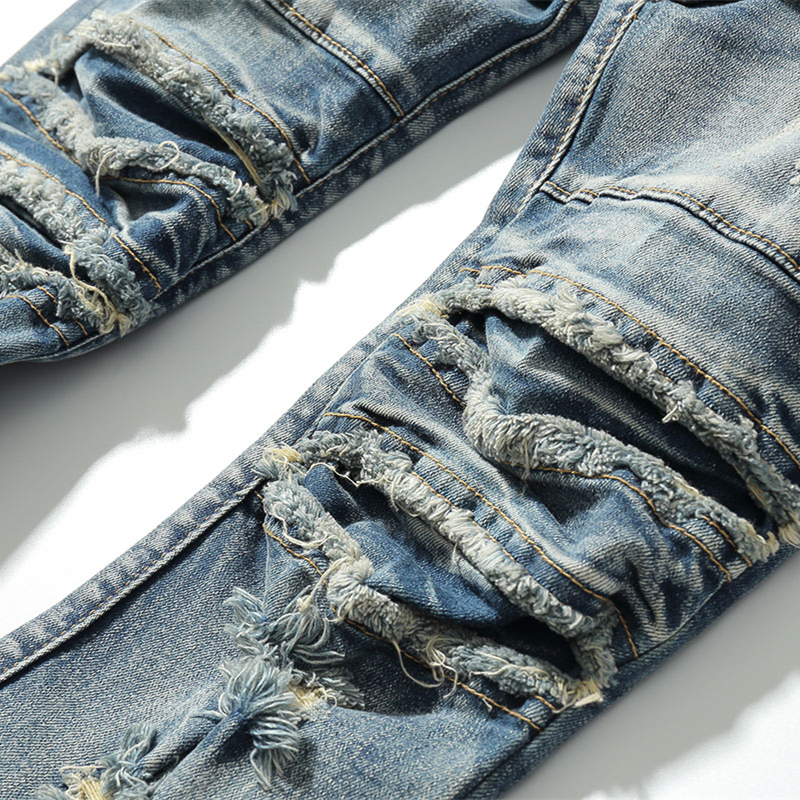 Distressed Ripped Slim Fit Jeans Mens Washed Destroyed Skinny Denim Pants Fashionable Streetwear Blue Hole Biker Jean for Men 201223