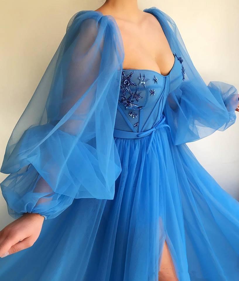 Blue Sexy A Line Prom Dress Sweetheart Long Sleeves Tulle High Side Split Long Formal Sexy Special Occasion Dresses Pleated Formal Evening Party Gowns