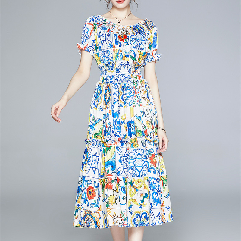 Bohemian Summer Blue and White Print Flower Midi Dress Women's Off Shoulder Short Sleeve Elastic Waist Runway Dress
Bohemian Summer Blue and White Print Flower Midi Dress Women's Off Shoulder Short Sleeve Elastic Waist Runway Dress