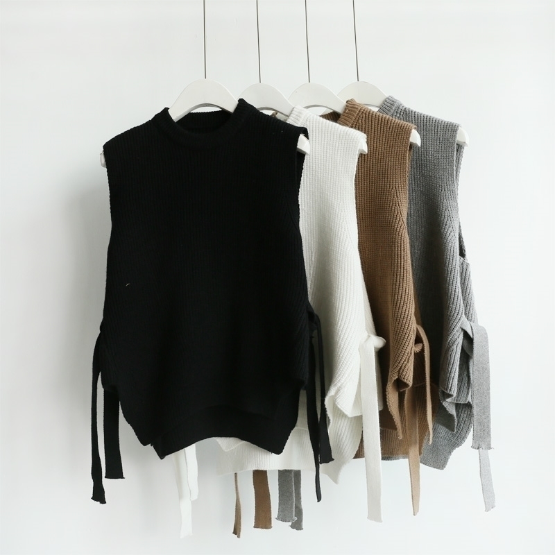 New Asymmetry Sashes Sleeveless Sweater Pullover Women Sweet Loose Knitted Women's Vest Spring Short Female Waistcoat Gilet 201102
