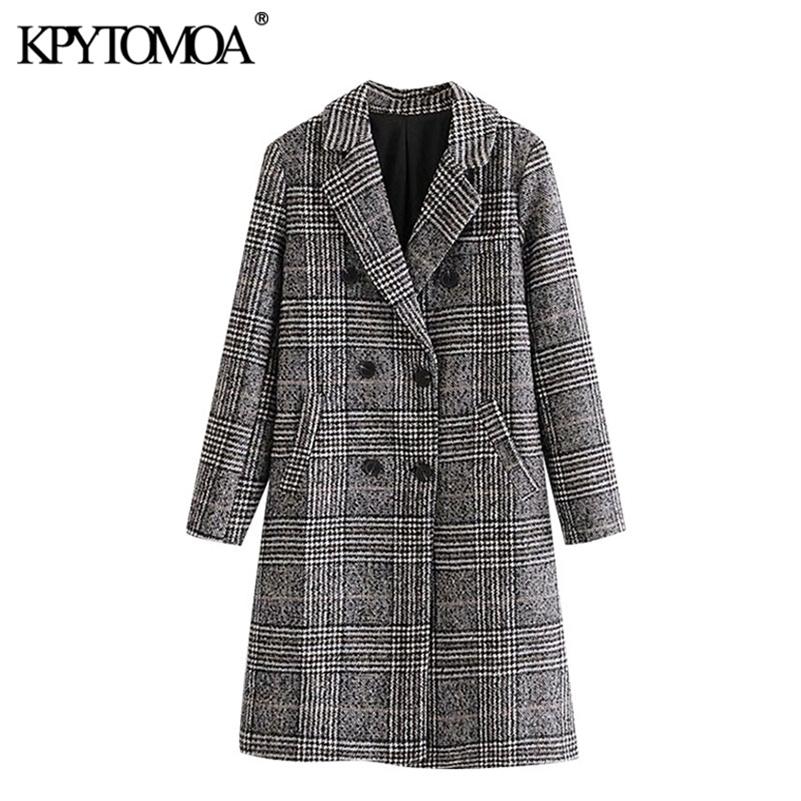 KPYTOMOA Women Fashion Double Breasted Houndstooth Woolen Coat Vintage Long Sleeve Back Vent Female Outerwear Chic Overcoat 201222