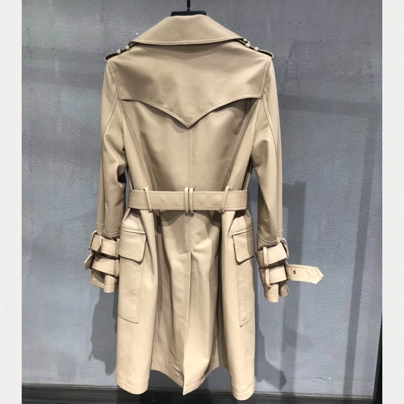 European Style Women Coats Natural 100% Sheepskin Genuine Leather Long Real Sheepskin Windcoat Female Double Breasted Coat 201030