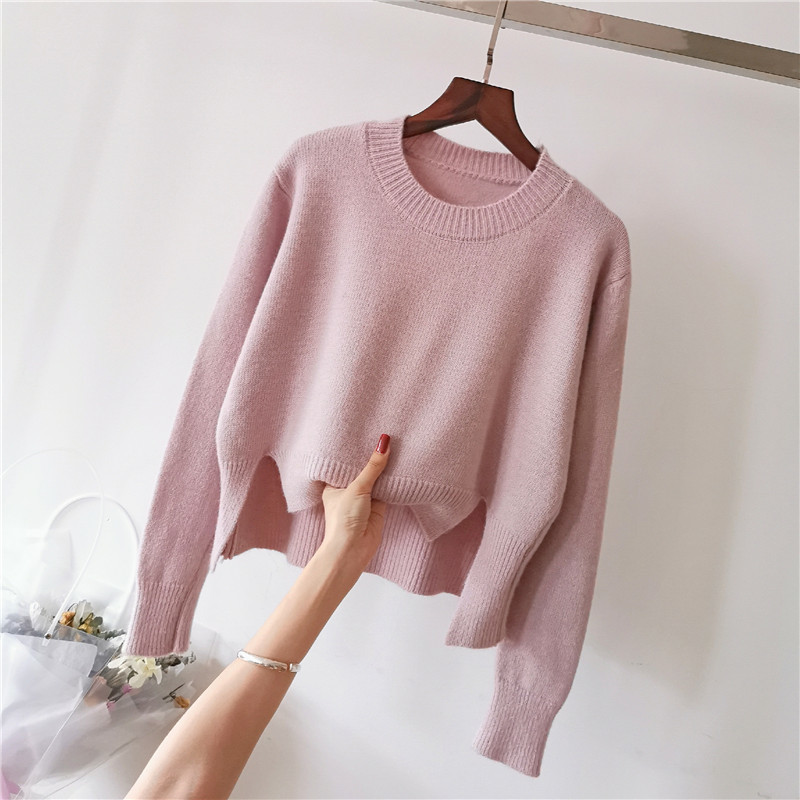 Sweater Women Front Short Back Long Round Collar Autumn Korean Fashion Full Sleeve Solid Color 201223