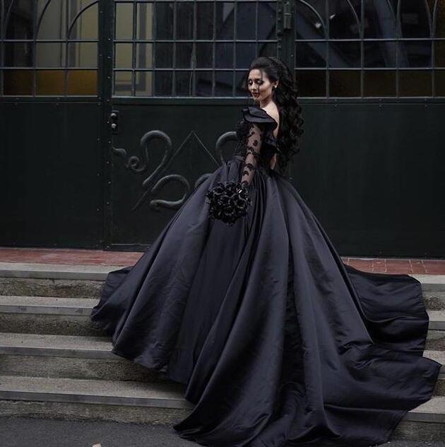Wedding Dresses Gothic Black Elegant One Shoulder Long Sleeve Lace A E Bridal Gowns Satin Court Train Country Vestidos De Novia AL L