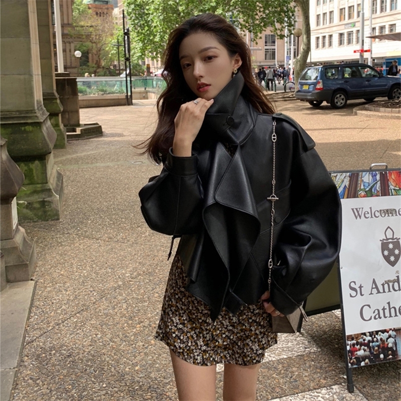 Nerazzurri Spring black leather jacket women Oversized pu leather new fashion women jackets Plus size faux leather coat 6xl 201226