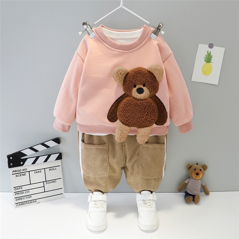 HYLKIDHUOSE 2020 Winter Toddler Infant Newborn Clothes Baby Girls Boys Clothing Sets Cartoon Bear Children Kids Plush Tops Pants LJ201202