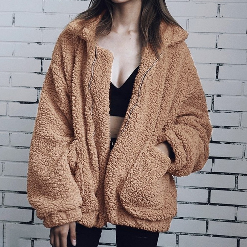 Autumn Winter Faux Fur Coat Women Casual Warm Soft Zipper Fur Jacket Plush Overcoat Pocket Plus Size Coat Female 201019