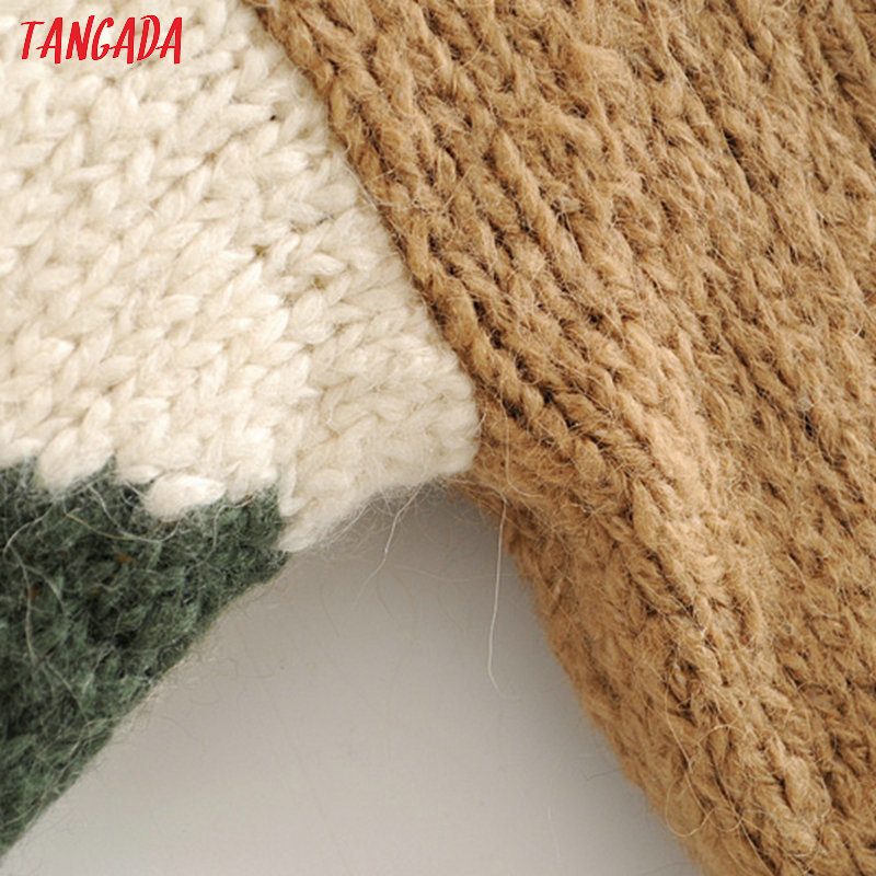 Tangada korea chic women color block sweater vintage ladies oversized soft knitted jumper tops 3H230 201017