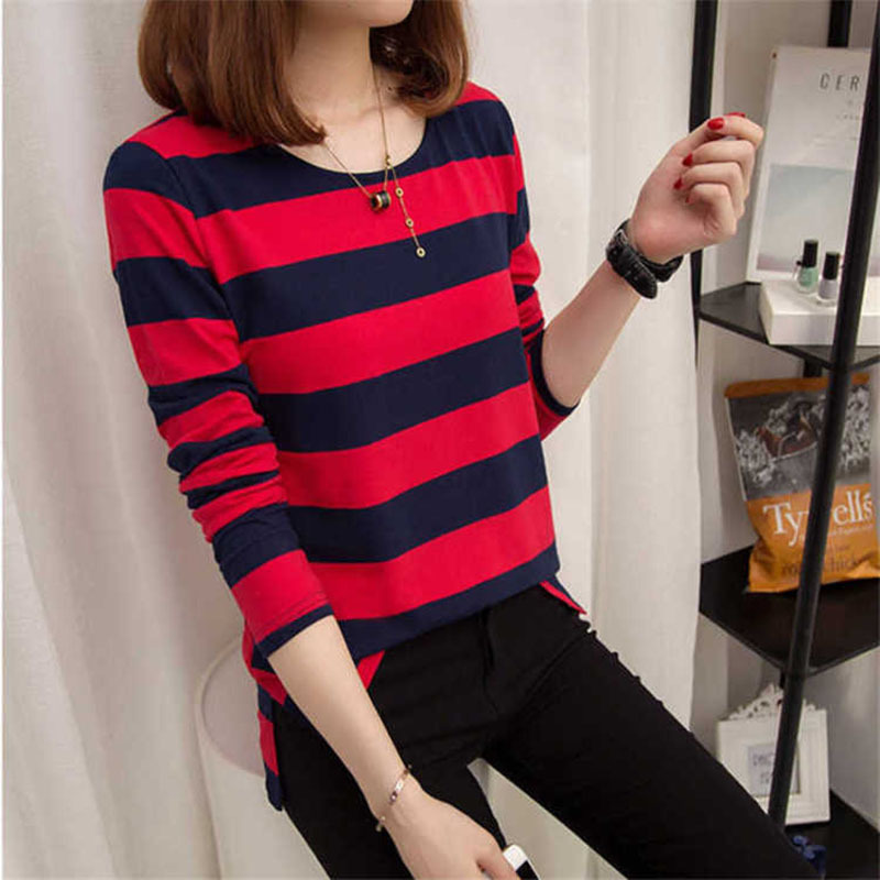 Women Spring Summer Style Casual Shirts Lady Long Sleeve Tops T-shirts Girls Casual Striped Tees Shirs DF2015 201029