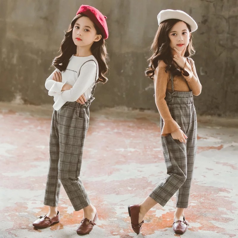 Girls Clothing Sets Autumn Winter Kids Long Sleeve Shirts + Rompers Pants Suits Children Baby Girl Clothes 7 8 9 10 12 13 YearX1019