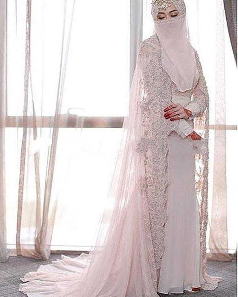 Arabic Muslim Light Pink Wedding Dresses 2021 Mermaid Style High Neck Long Sleeve Lace Beads Cape Wraps Hijab Bridal Gowns