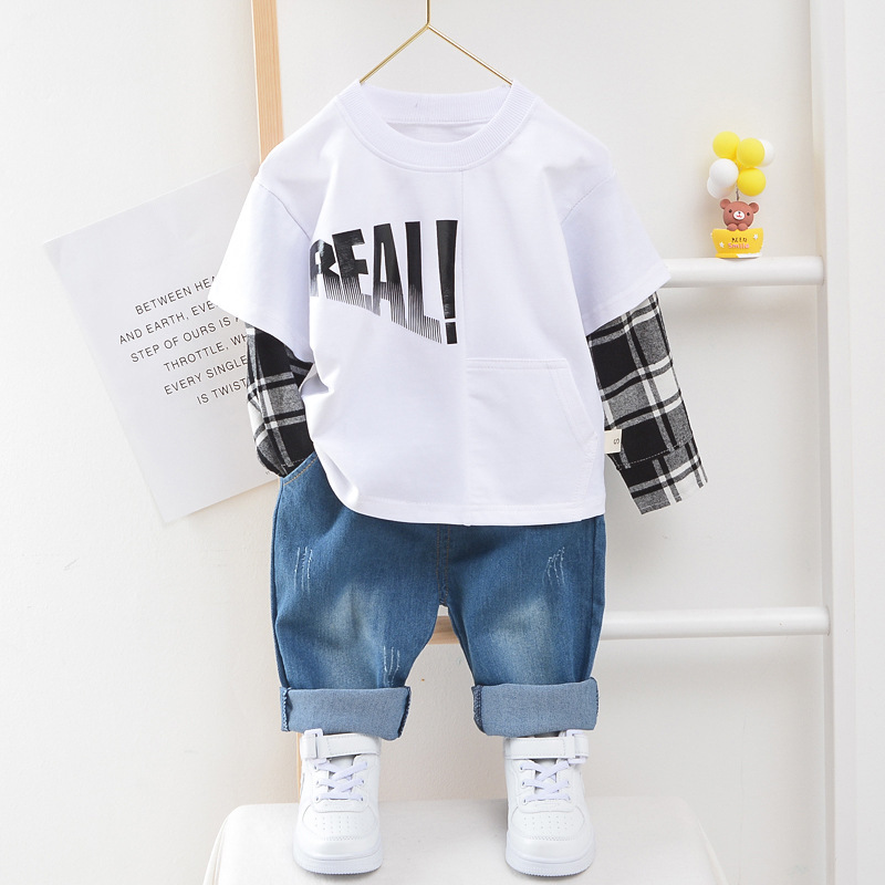 Boys and girls letter printing block two sets of spring and autumn new round neck Pullover Sweater long sleeve jeans twoX1019