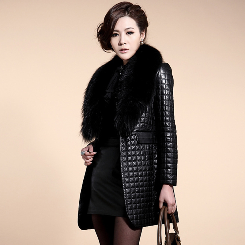 winter women thick long leather jacket plus size with fur collar slim solid office ladies coat outwear chaqueta mujer cuero 201110