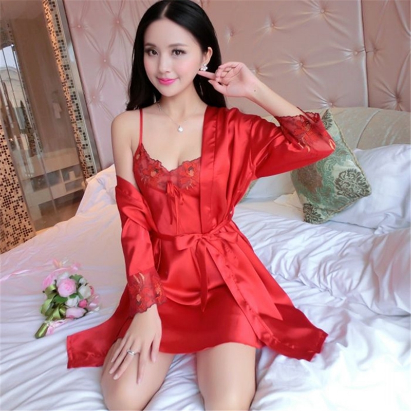 2018 Summer Sexy Silk Satin Night Dress Robes Set for Women Lace Sleepshirt Lingerie Sleepwear Bathrobe Female 2 Piece Nightgown 210203