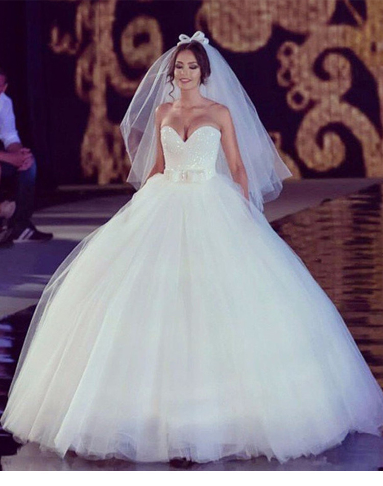 Princess Sweetheart Ball Gown Wedding Dresess Top Glitter Sequined Sparkly Long Bridal Gowns Floor Length Plus Size White Bow Wedding Dress