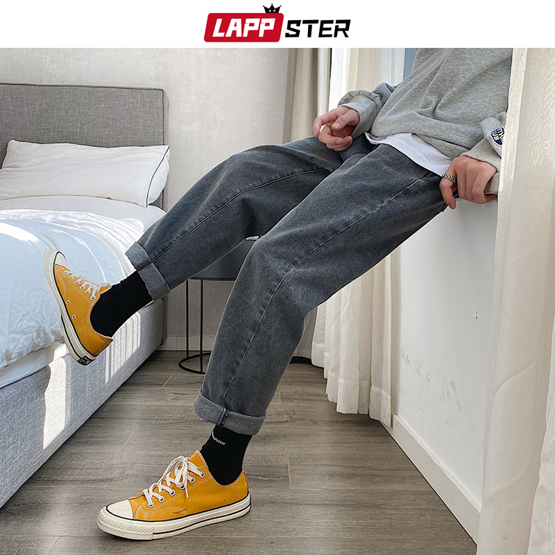 LAPPSTER Men Vintage Kpop Light Blue Jeans Mens Casual Streetwear Loose Harem Pants Male Oversized High Waisted Denim Pants 201123