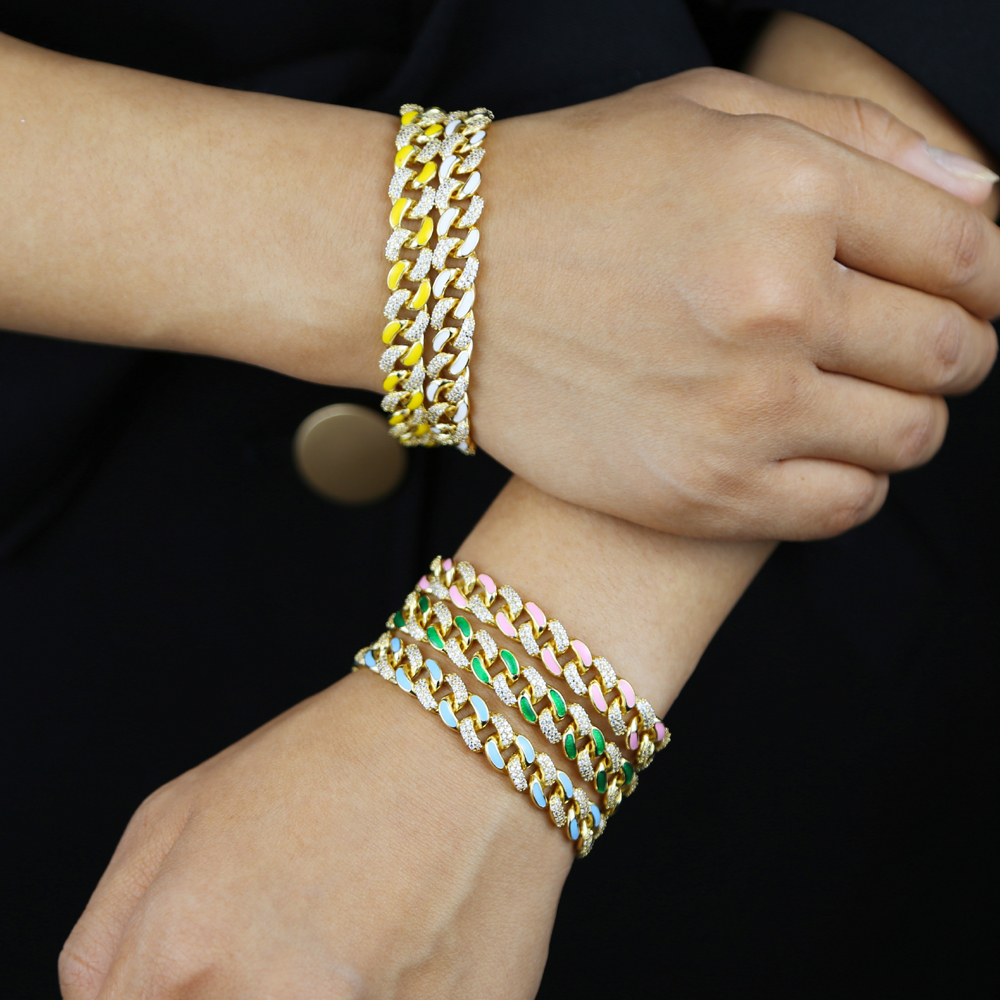 2021 Iced Out Women Lady Hip Hop Bracelet Bangle with Cz Paved 8mm Cuban Chain Enamel Colorful Beautiful Wedding Bracelet Wholesale Gifts