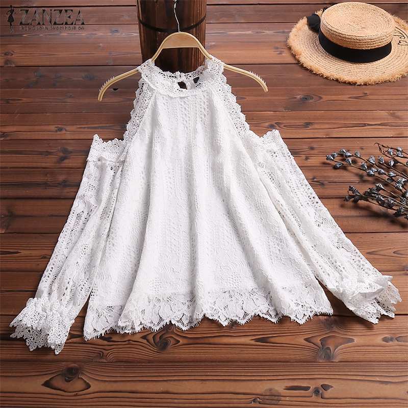 2019 Plus Size Fashion Party Blouse Women Solid Cold Shoulder Tunic Tops Summer Long Sleeve Lace Crochet Shirts Female T200321