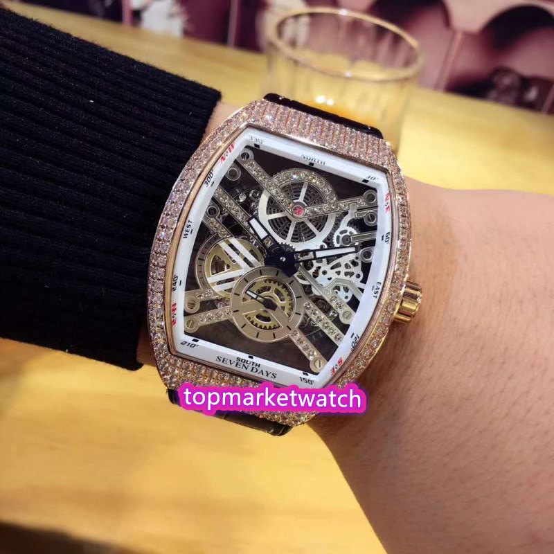 High Quality Manufacturer Collection Vanguard Automatic Mens Watch V 45 S6 SQT Rose Gold Diamond Case Diamond Skeleton Dial Leather & Rubber, Box
High Quality Manufacturer Collection Vanguard Automatic Mens Watch V 45 S6 SQT Rose Gold Diamond Case Diamond Skeleton Dial Leather & Rubber, Box