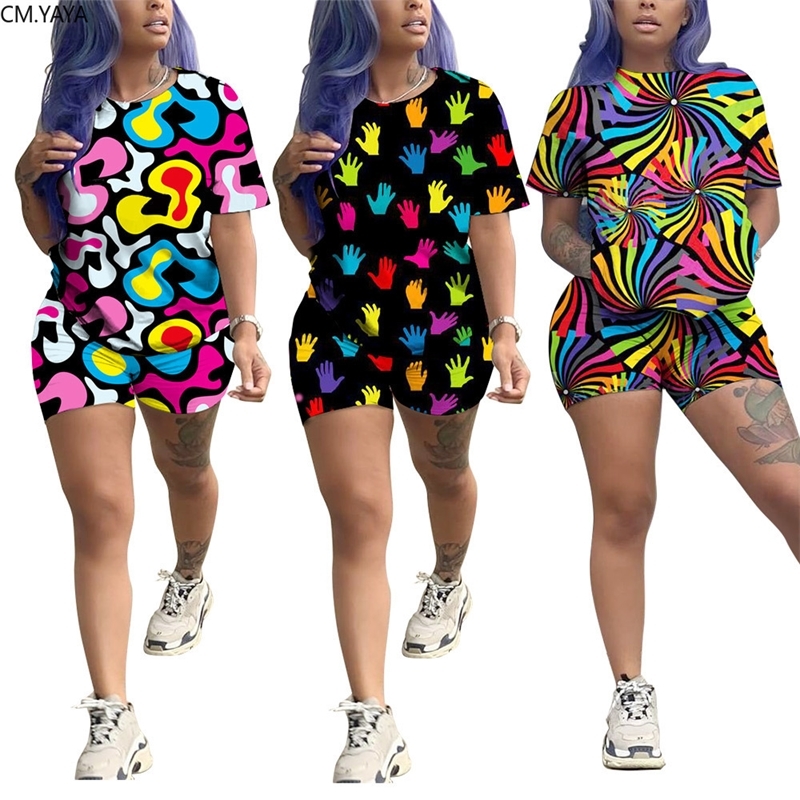 Women summer geometric colorful paisley print t-shirt & shorts suit two piece set casual sporting tracksuit outfit GLA6211 T200622
