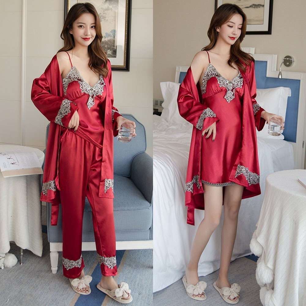 4PCS Satin Sleepwear Lady Pajamas Suit Nighty&Robe Set Sexy Intimate Lingerie Casual Bridal Wedding Gift Homewear Nightgown 201031