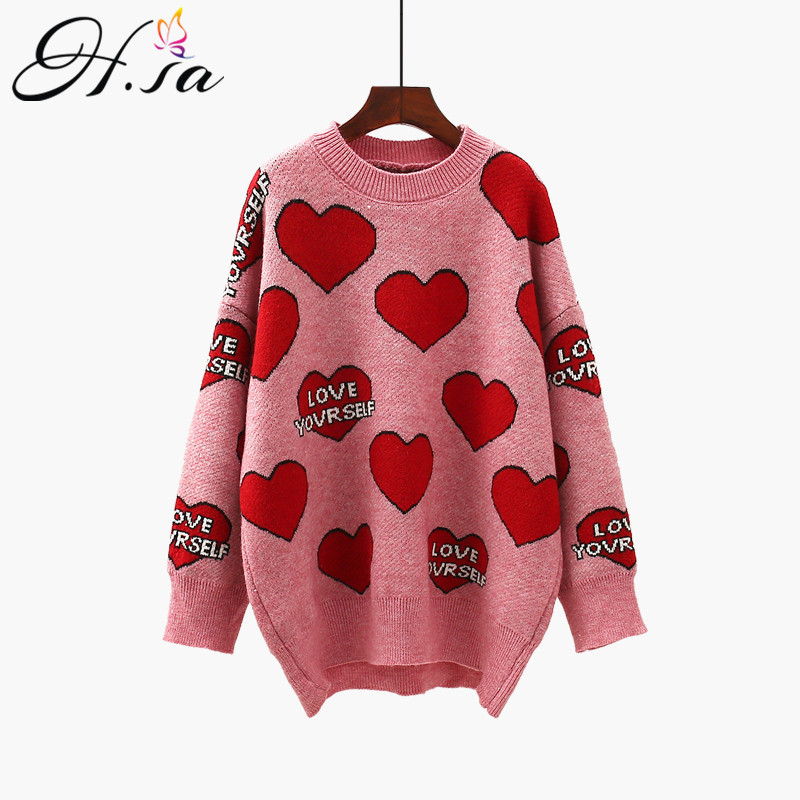 H.SA Women Oversized Sweater and Pullovers Oneck Sweet Heart Letters Printed Pull Jumpers Long SLeeve Pink Streetwear Knit Tops T200101
