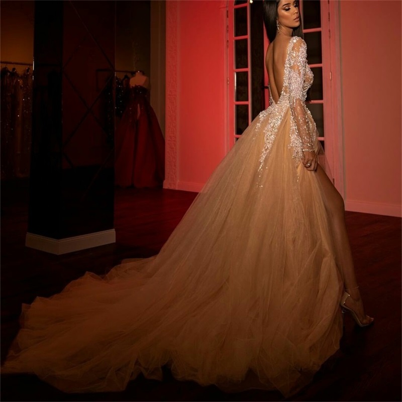 Champagne Evening Dresses Luxury Beads Crystals Sexy Side Split Backless A Line Prom Dresses Long Sleeves Custom Made Formal Party Gown