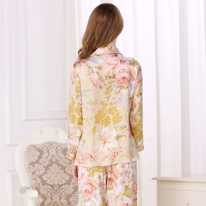 Real Silk Pajama Female 100% SILK Sleepwear Women Long-Sleeve Pyjama Pants Two-Piece Sets High Quality Home Clothing T8122 210203