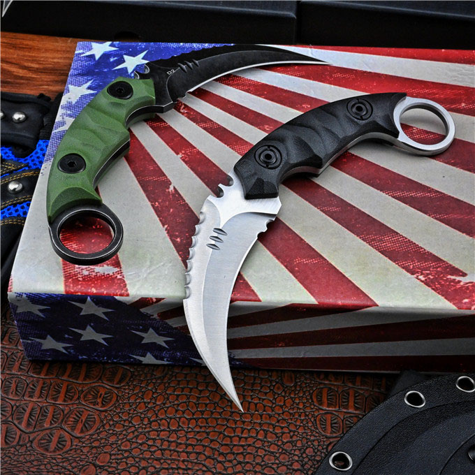 High Quality Outdoor Survival Tactical Fixed Claw Knife D2 Black Stone Wash / Satin Blade Full Tang GRN Handle Karambit