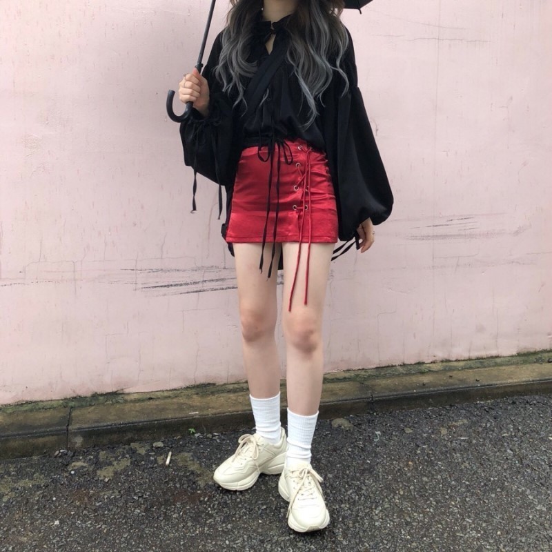 Harajuku korean Japanese style kawaii cute white lace up long sleeve shirts and lace up mini skirts women sets YQ1016 T200325