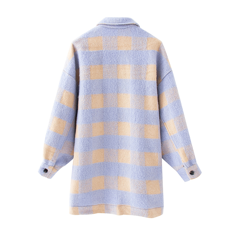 HiloRill Women Woolen Plaid Coat With Pockets Batwing Long Sleeve Loose Jacket Turn Down Collar Casual Ladies Tops Outerwear 201113
