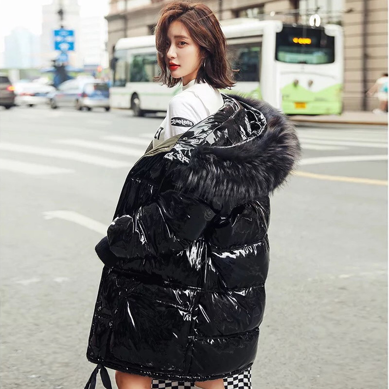 Fitaylor Real Natural Fur Patent Leather Winter Jacket Women Thicken Long Down Parka Hooded Female Duck Down Waterproof Coat 201214
