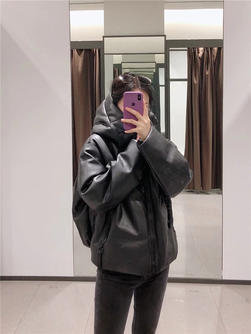 Winter Jacket Women Tick Wram PU Leather Parkas Women Coat Streetwear Punk Black Hooded Parkas Korean Winter Coats T200114