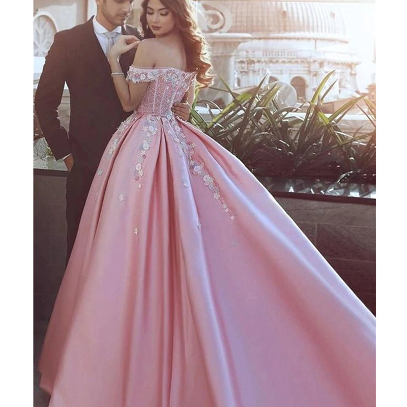 Pink Beaded Prom Dresses Off the Shoulder Satin Appliqued Evening Ball Gowns Plus Size Floor Length Tulle Formal Dress