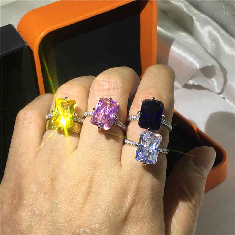 Luxury Square 5ct Lab Sapphire Topaz Diamond Ring 925 Sterling Silver Engagement Wedding Rings for Women Men Party Jewelry Gift