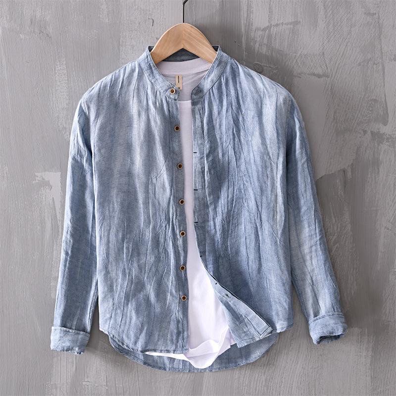 Quality Mandarin Collar Solid 100% Linen Shirt Men Breathable Long-sleeved Fashion Flax Dress Shirts For Men Camisas TS-689, Blue