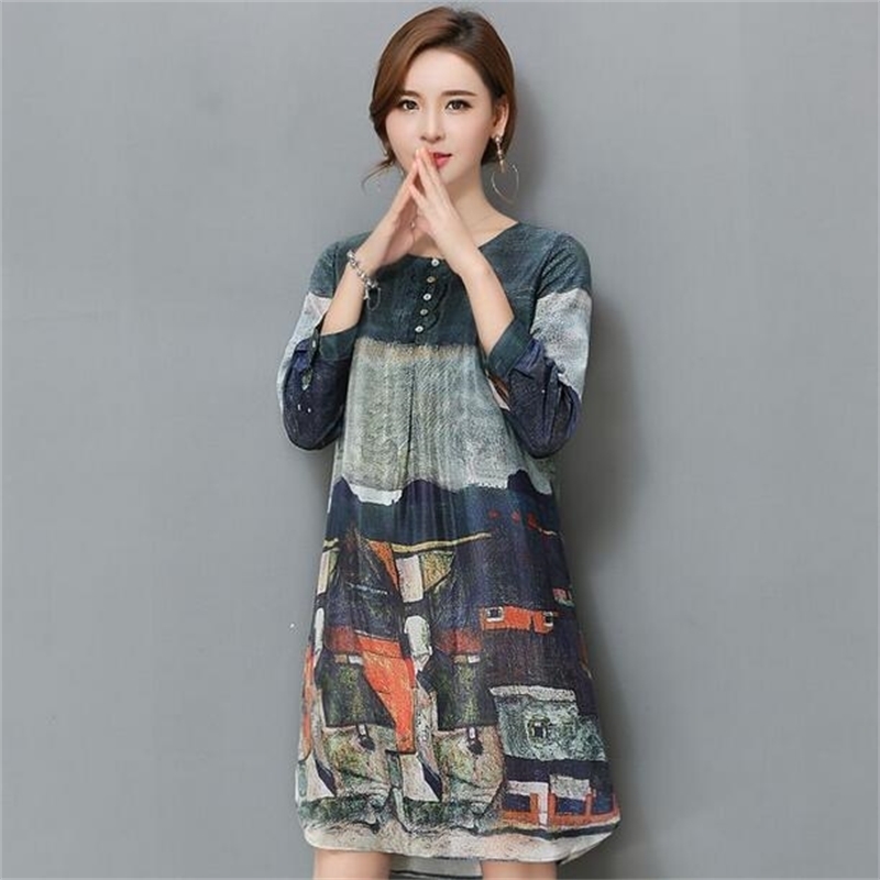 Summer O-Neck Printed Silk Chiffon A Line Office Ladies Knee Length Dress Women Clothes Vestidos Robes Femme DF716 201008
