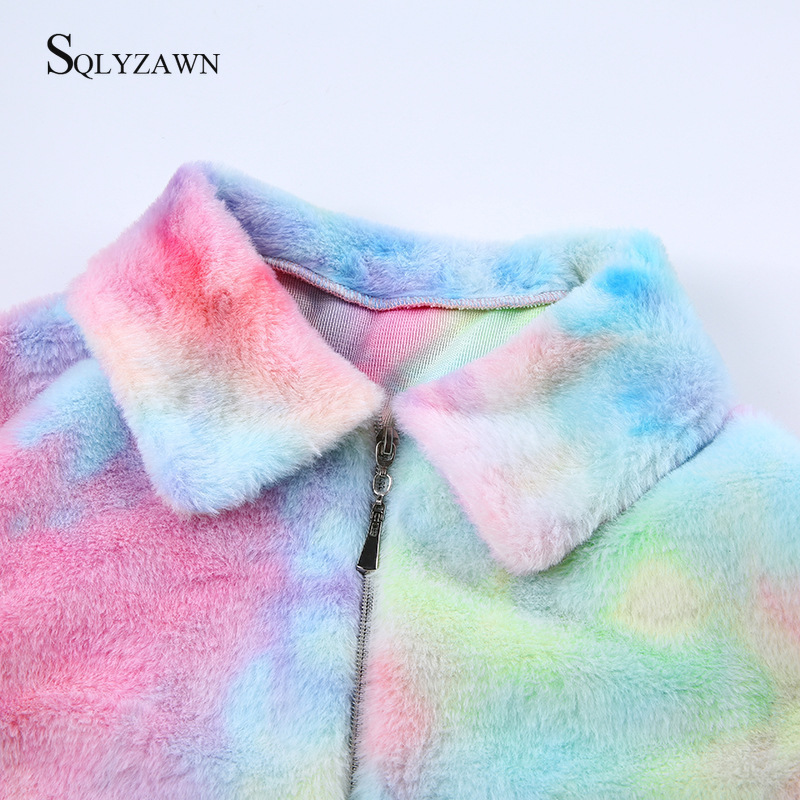 Women Oversized Rainbow Fuzzy Long Sleeve Coat Fall Winter Gothic Iridescent Camouflage Fleece Bomber Jacket Harajuku Outerwear 201127