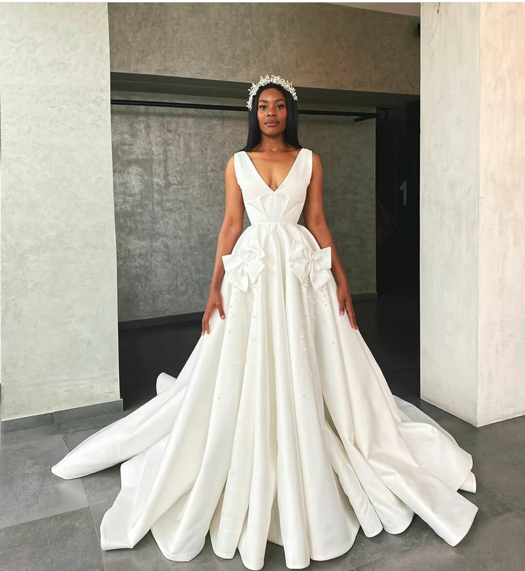 elegant pearls beading wedding dresses satin v neck ruffles a line bridal gowns robes de marie new fashion