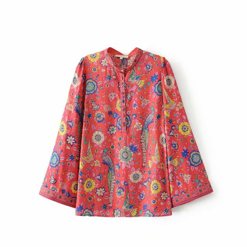 Vintage chic hippie women rayon cotton beach floral peacock print bohemian blouse shirt ladies flare sleeve loose Boho shirts T200321
