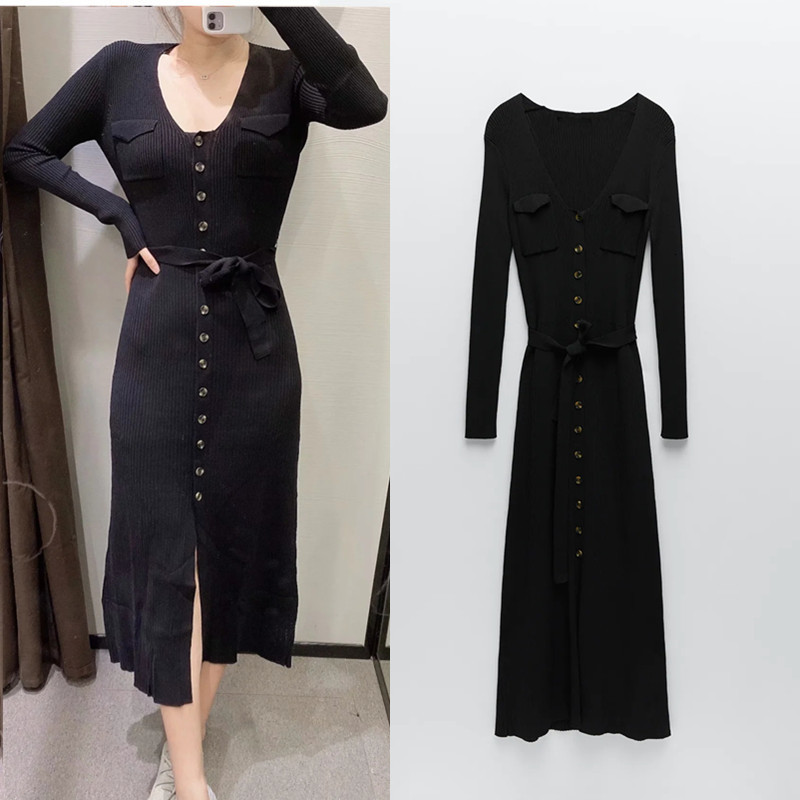 2021 New Pockets Knitted Women Autumn V-neck Long Sleeve Black Midi Dress Fashion Tie Belt Button-up Elegant Dresses Dsft
2021 New Pockets Knitted Women Autumn V-neck Long Sleeve Black Midi Dress Fashion Tie Belt Button-up Elegant Dresses Dsft