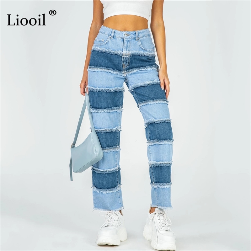 Liooil Color Block Straight Leg Jeans High Waist Pants Women Autumn Trousers With Pockets Patchwork Blue Sexy Denim Pants 201029