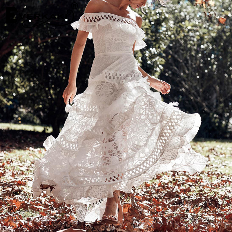 Everkaki White Maxi Dresses Women Wedding Off Shoulder Ruffles Elegant Ladies Boho Night Gown Long Dress Female Spring New T200604