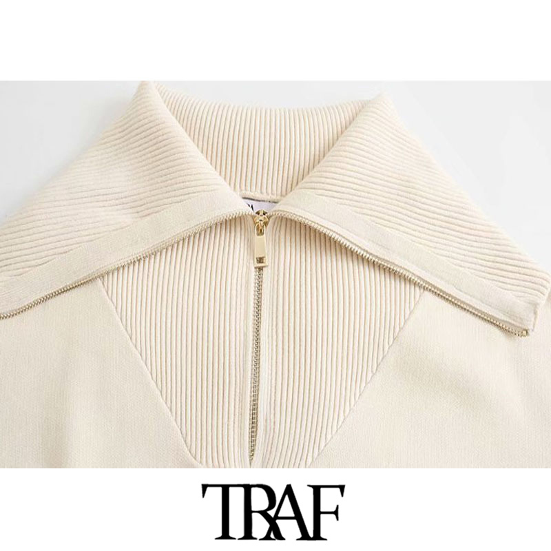 TRAF Women Fashion Ribbed Trim Loose Knitted Zip-up Sweaters Vintage High Collar Long Sleeve Female Pullovers Chic Tops 201128